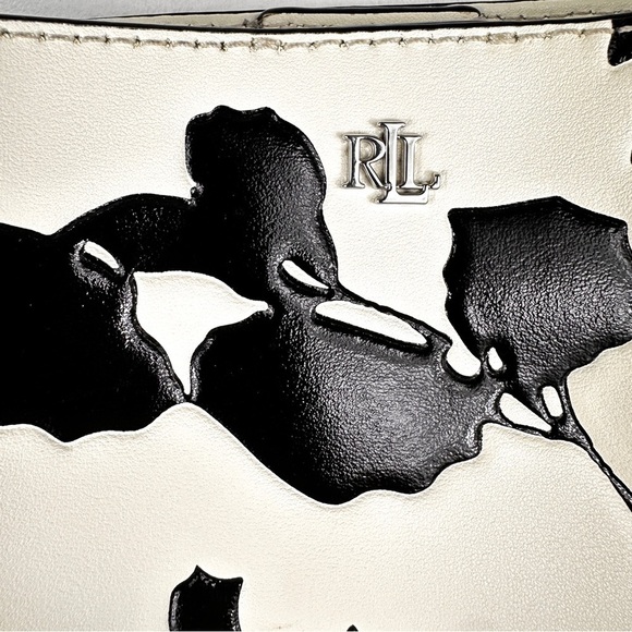 Lauren Ralph Lauren Adley Leather Shoulder Bag Floral White with Black Embossed - Picture 3 of 9